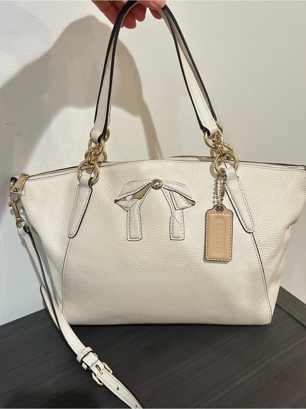 Coach Small Kelsey Bow Satchel Chalk White Pebble Leather Crossbody Style#F28969
